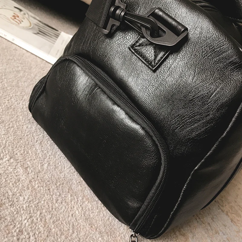 
custom women mens black pu leather gym duffel bag with shoe compartment multifunctional duffle travel bag 