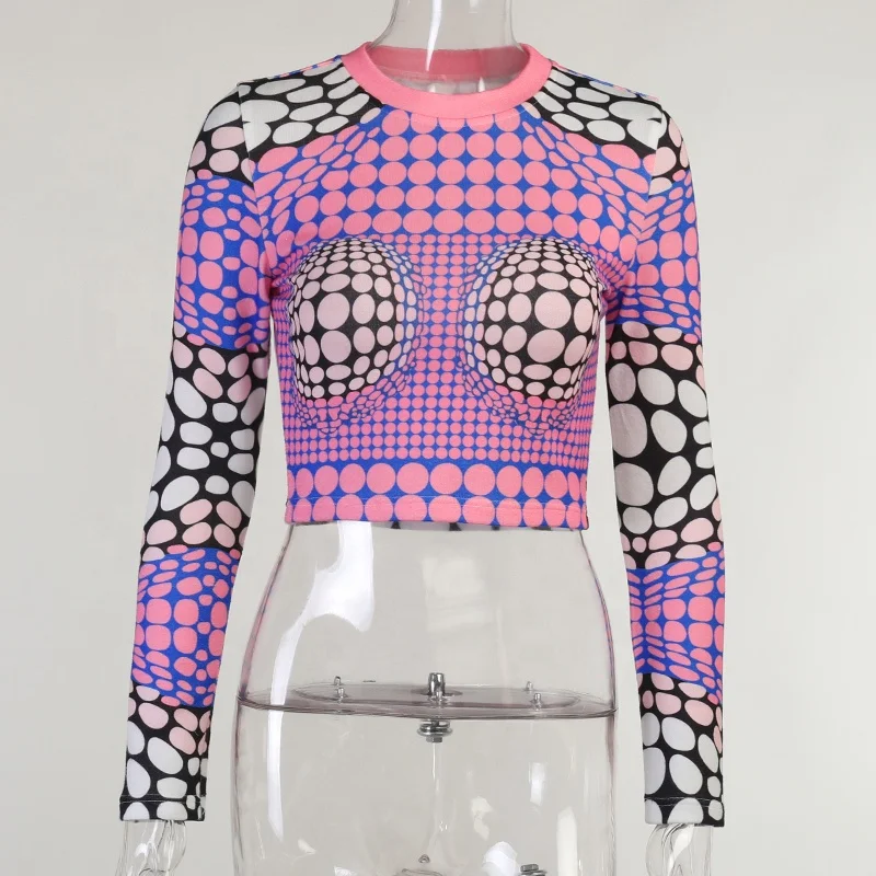 Autumn wholesale new design pink hot sale o neck dot long sleeve crop top for women ladies t shirts designer
