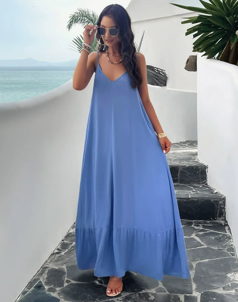 Sleeveless Casual Split Long Maxi Beach Slip Dress Loose Ladies Spaghetti Strap Floral D638 Women's Summer Plus Size Natural