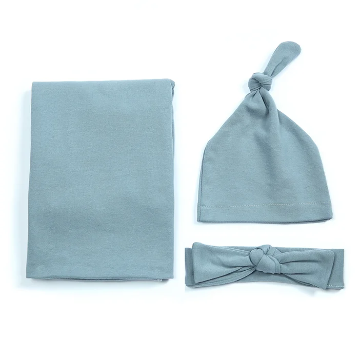 Unisex Neutral 100% Cotton Newborn Baby Girl Boy Wrap Receiving Swaddle Blanket + Headband + Beanie Hat 3pcs Photo Props Set