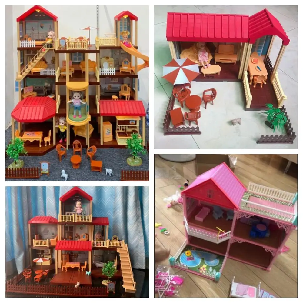 Princess DIY Big Villa Doll House Plastic Play Castle Doll houses Furniture Kit With Figures Assembled Toys for Girls Children
