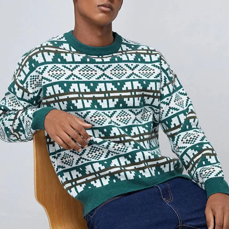 Custom logo jacquard sweater crew neck acrylic pullover autumn knit sweater for men