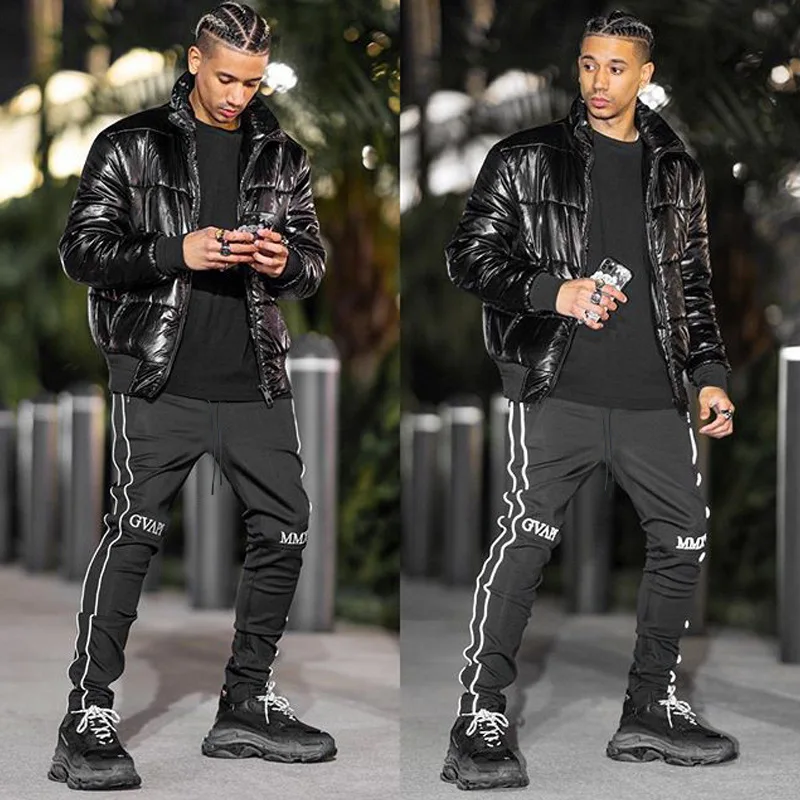 
2021 New Reflective Striped Muscle Trousers Hip Hop Sweatpants Mens Joggers Pants 