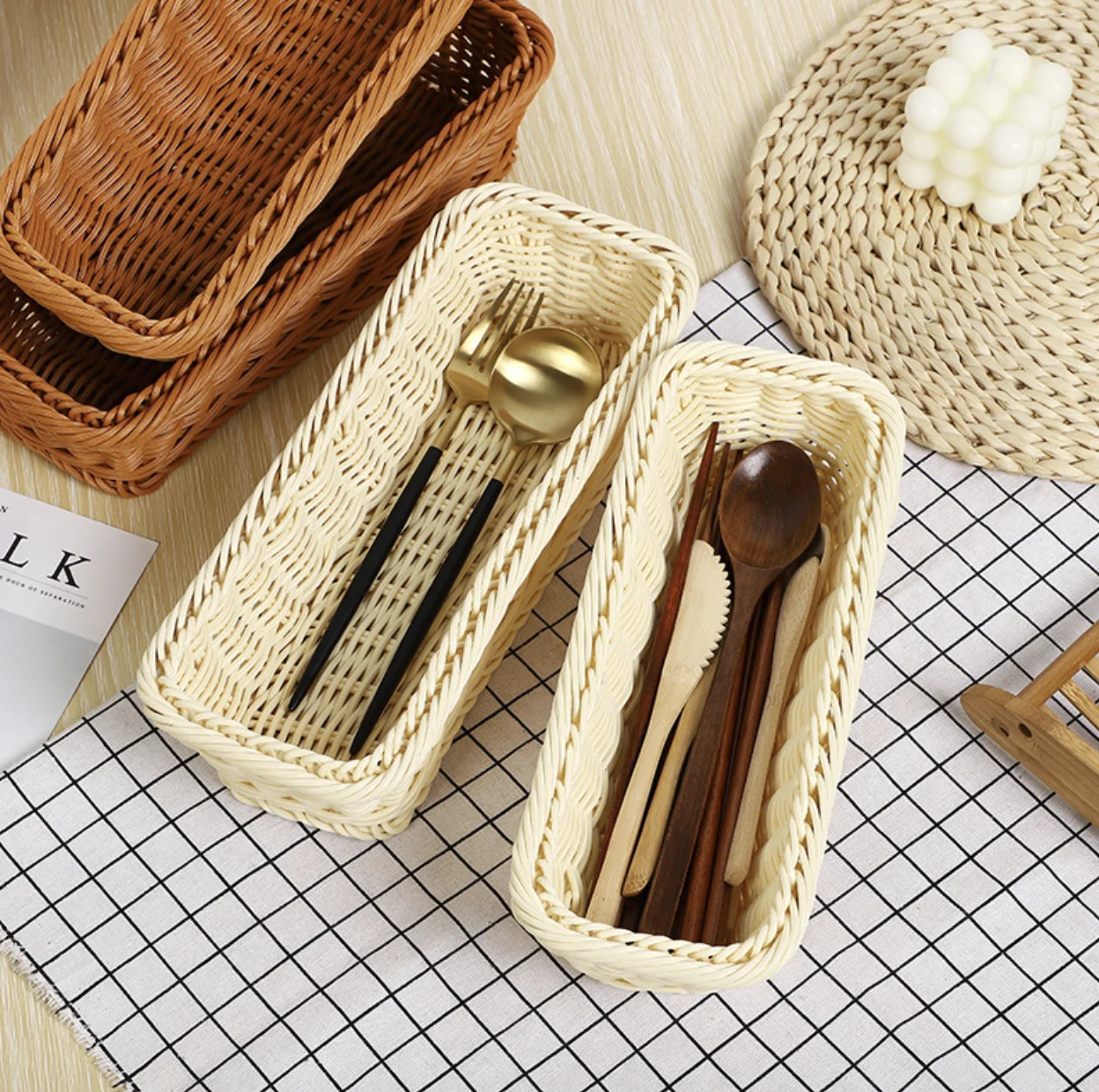 Kitchen Cutlery Storage Basket Hotel Restaurant Knife Fork Basket Household Chopstick Rectangular Imitation Rattan Basket