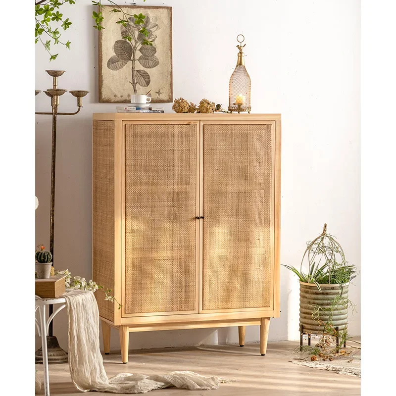 Wholesale Japanese Style Latest Design OAK Rattan Side Storage Cabinet with 2 Doors Rattan Woven Storage Cabinet