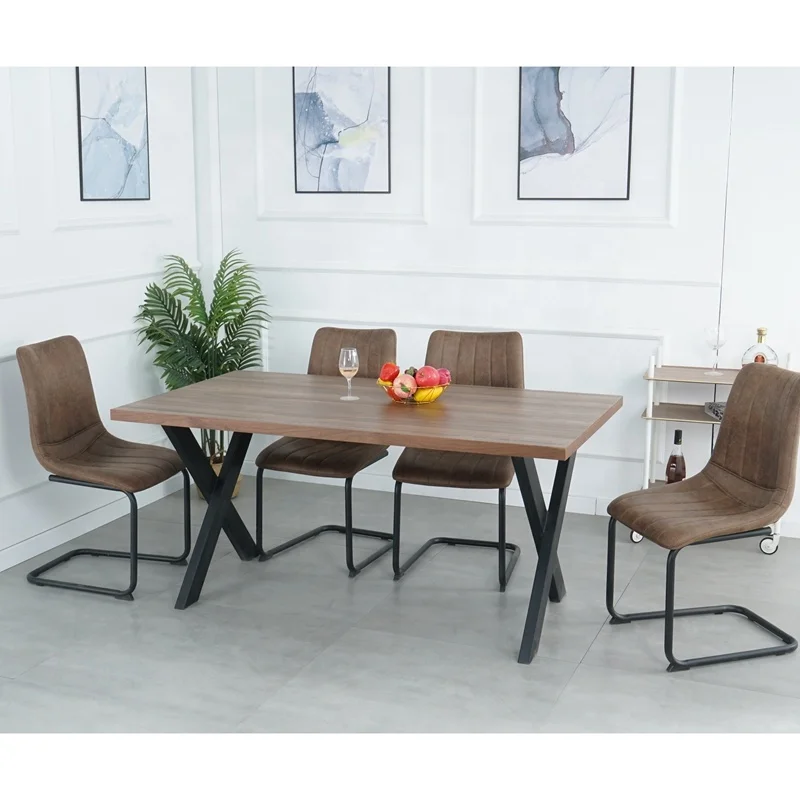 Manufacturer Solid Wood Material Classical Design Black Powder Coating Wood Modern Dining Table with Metal Frame