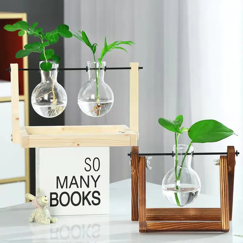 Desktop glass planter bulb glass vase with wooden stand propagation station