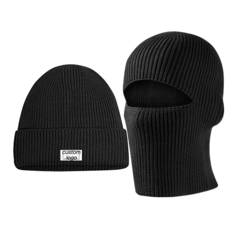 2 in 1  Thermal balaclava personalizada cuff brim beanie sport knitted winter balaclava beanie hat cap