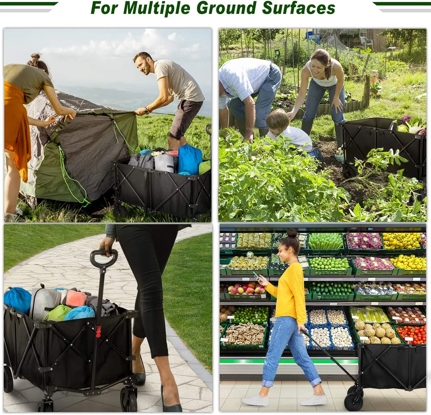 Outdoor Folding Wagon Cart, Portable Large Capacity Beach Wagon, Heavy Duty Utility Collapsible Wagon with All-Terrain Wheels