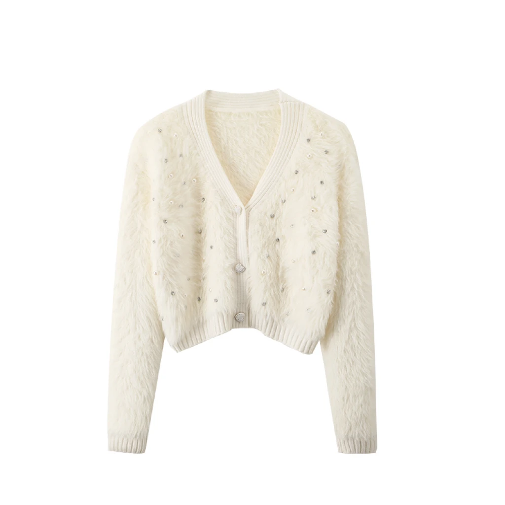 Spring fashion custom Pearl diamond decorate cardigans women knit coat