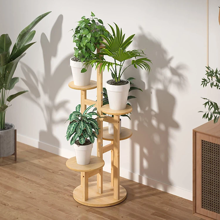 Wholesale Modern 5 Tier Tall Indoor Outdoor Corner Large Bamboo Display Flower Rack Shelves Plant Pot Stand, flower pot shelf