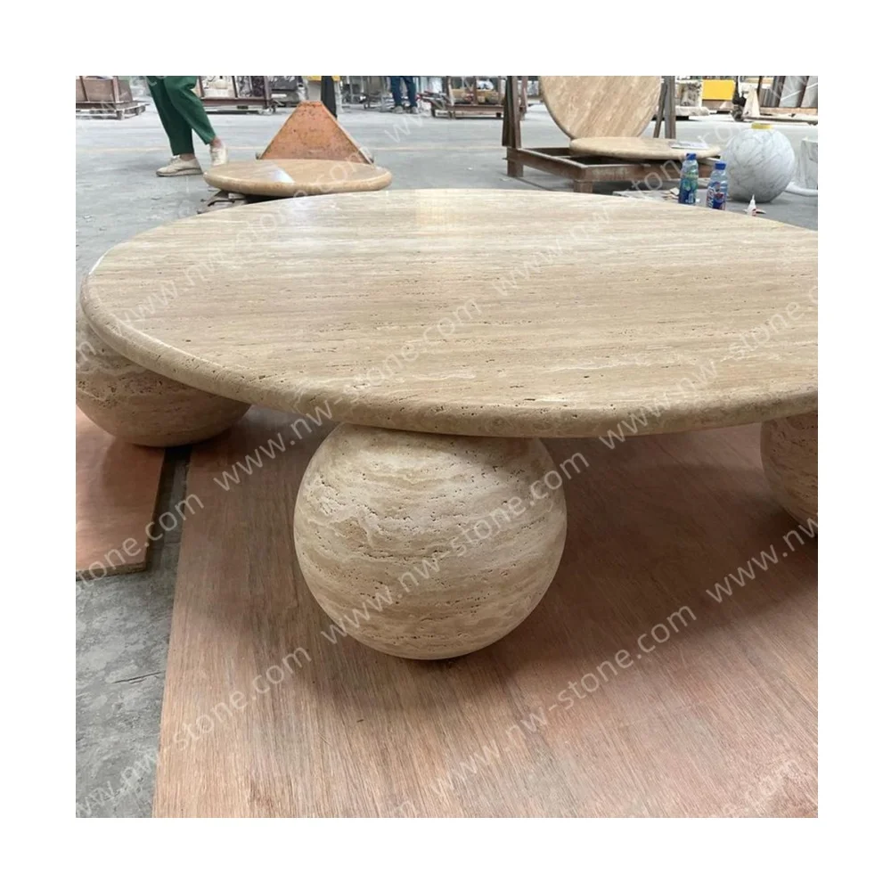 NANWEI Manufacturer Vintage Stone Tea Table 3 Legs Cream Travertine Center Garden Round Marble Coffee Table
