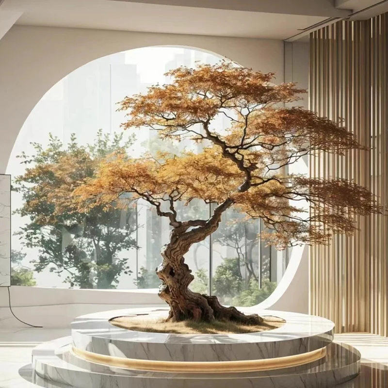 Custom Handmade 100% Look Natural Autumn Fake Maple Artificial Pine Bonsai Tree For Hotel Restaurant Home Indoor Decor