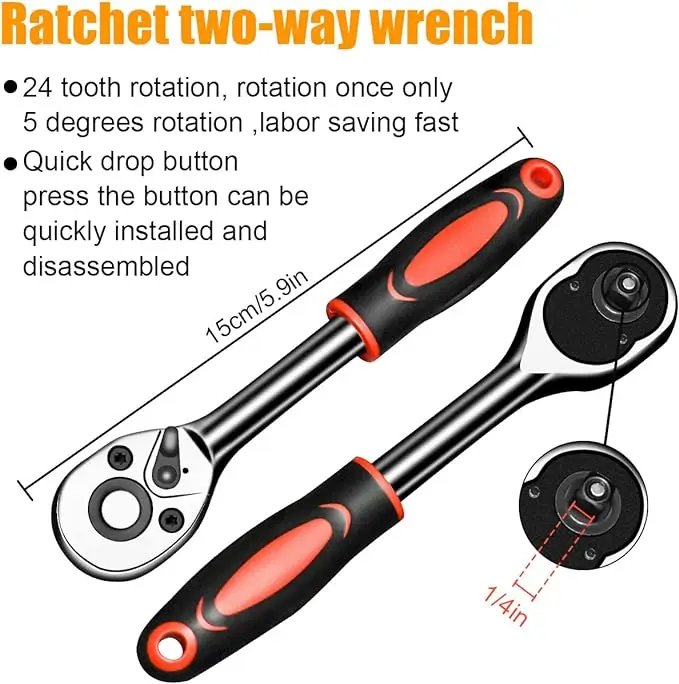 SeeMore Brand Auto Repairing and Household Metric and Extension Bar 46 Pieces 1/4 inch Drive Socket Ratchet Wrench Set