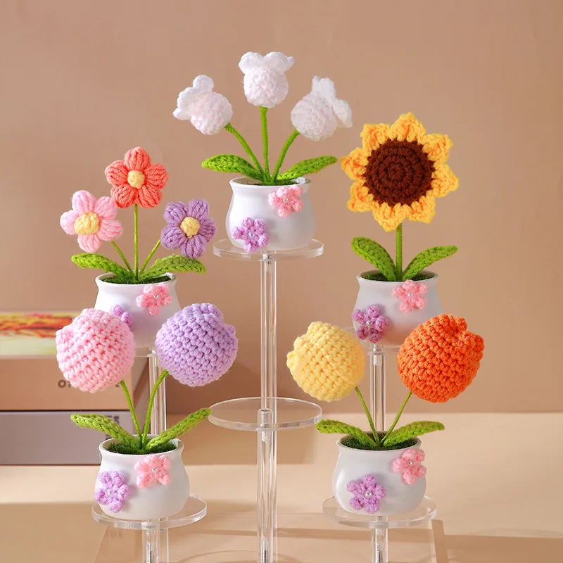 Novelty Christmas Valentines Gifts Handmade Crochet Sunflower Tulip Rose Flower Potting Knitting Flower Knit Potted Flower