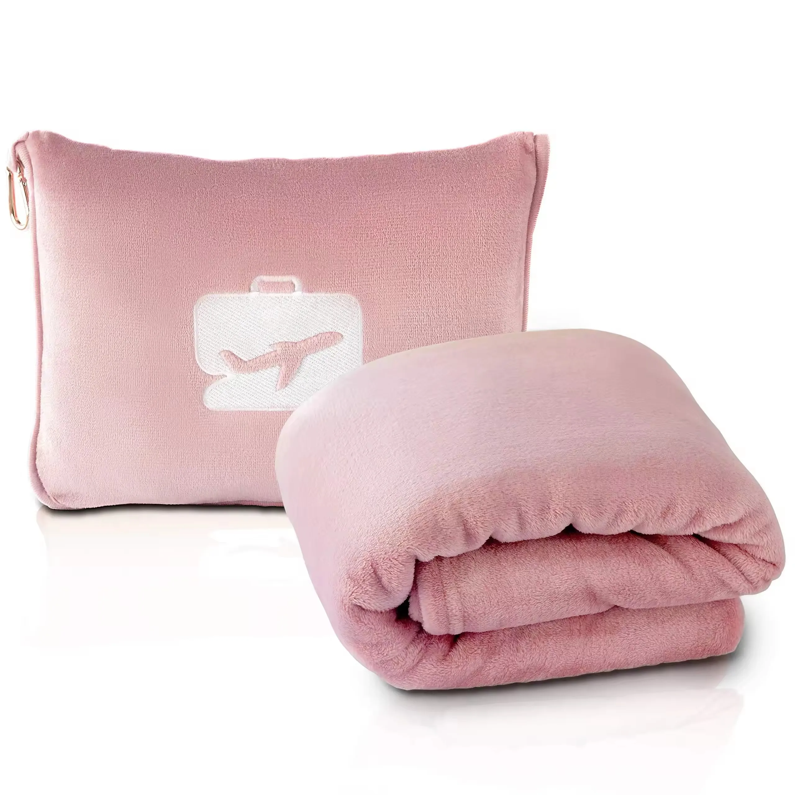 Travel Blanket and Pillow 2 in 1 Airplane Blanket with Soft Bag Pillowcase, Hand Luggage Sleeve and Backpack Clip