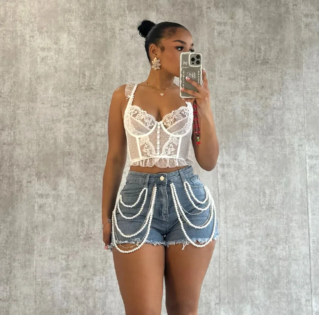 Quites Y2k Summer Blue Jeans Women Street Hipster Pearl Rhinestone Casual Shorts Design New Denim Shorts For Women