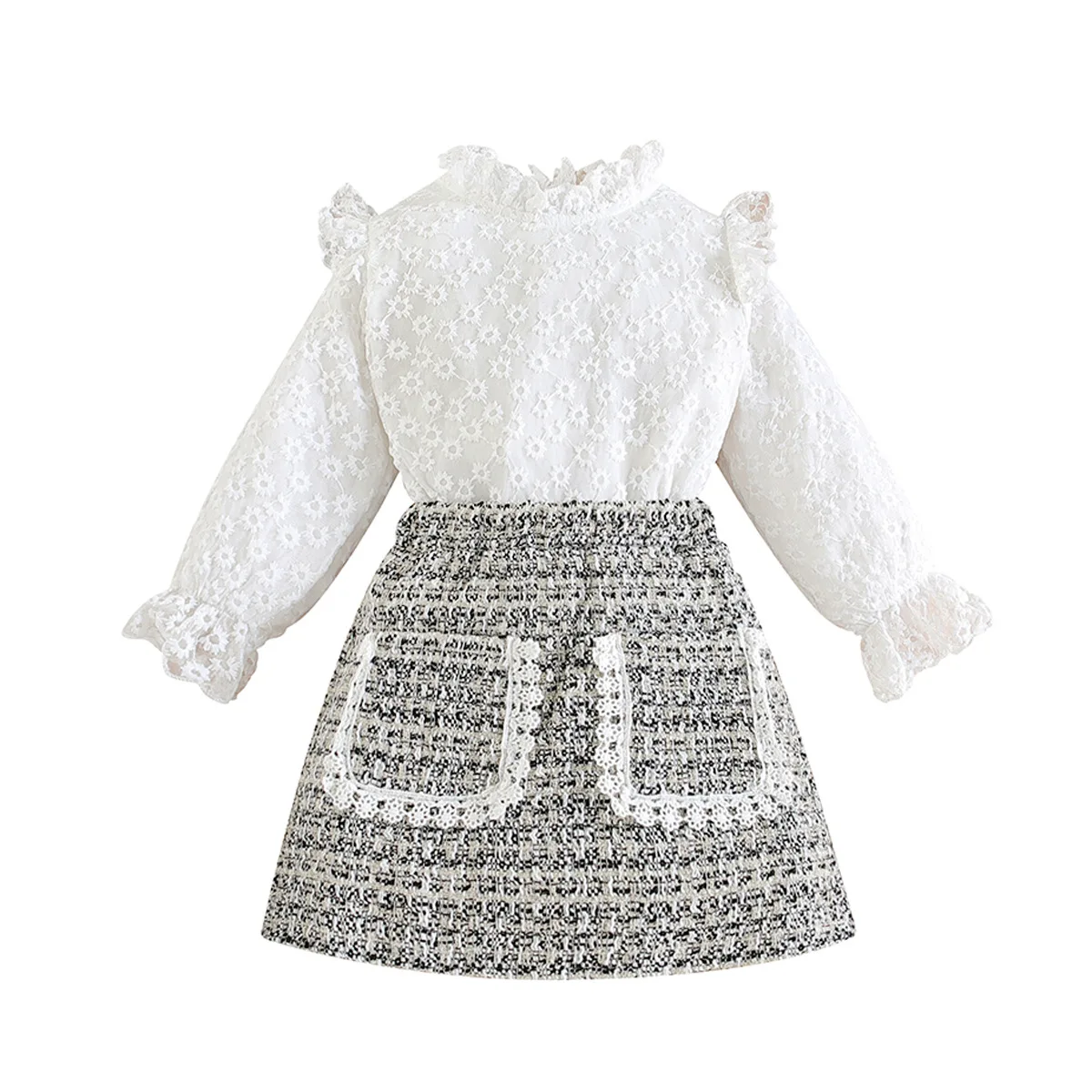 New Children Long Sleeve Pit Strip Knitted Tops+ Plaid Skirt Two Piece Set Kids Fall Clothing Girls 3 To 5 Years