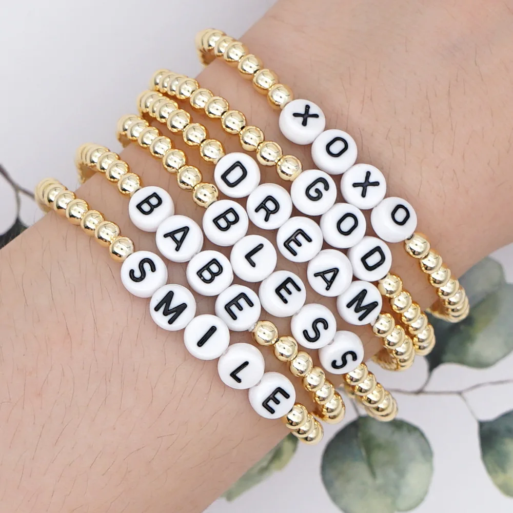 DIY 4mm Acrylic Alphabet Letter Gold Beads Bracelet for Ladies Children Gift