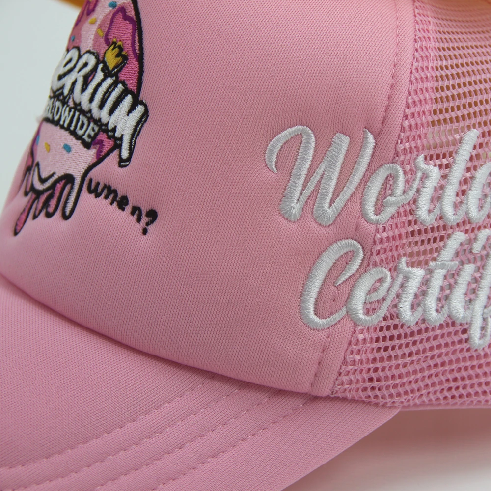 High Quality Wholesale Custom Embroidery Logo 5 Panel foam Mesh Thermal transfer printing Trucker Caps Hats