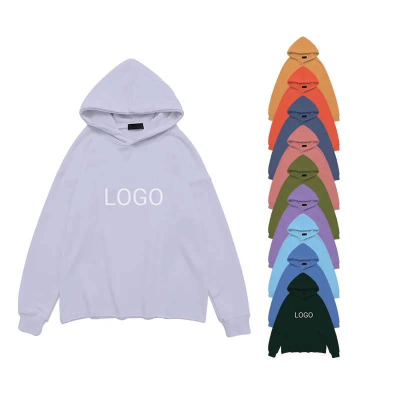 Streetwear Oversized No Strings Print Sweatshirts Cotton Cut Edges Raw Hem Hoodie Men Blank Plain Oversized Hoodies