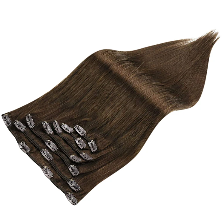 Full Shine Factory Direct Sales #4 Dark Brown Real Human Hair Extension Clip on Brazilian Remy Hair