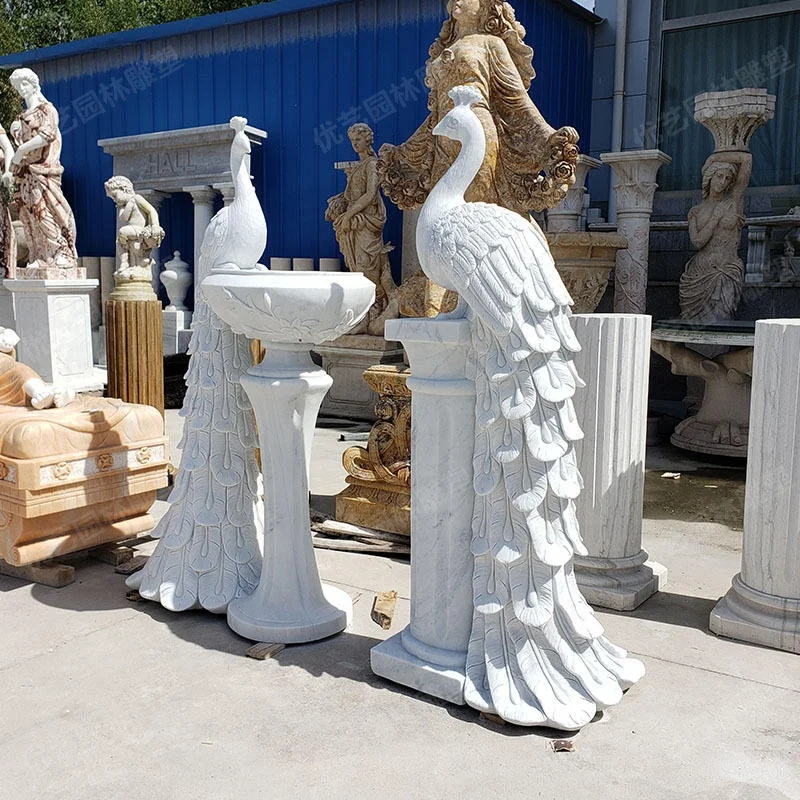 white natural hand carved marble peacock stone sculpture statue