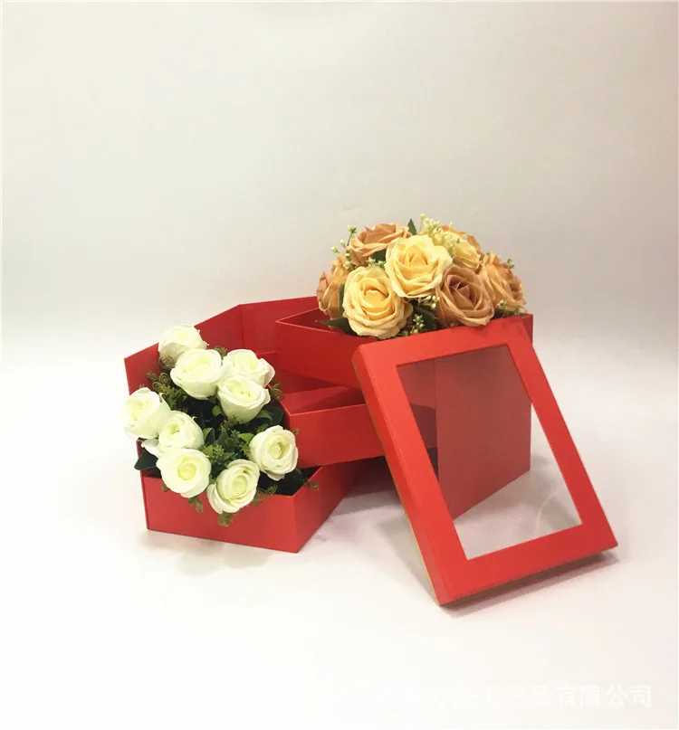 Spot rectangular three-layer rotating gift box PVC window transparent flower box with hand flowers gift box