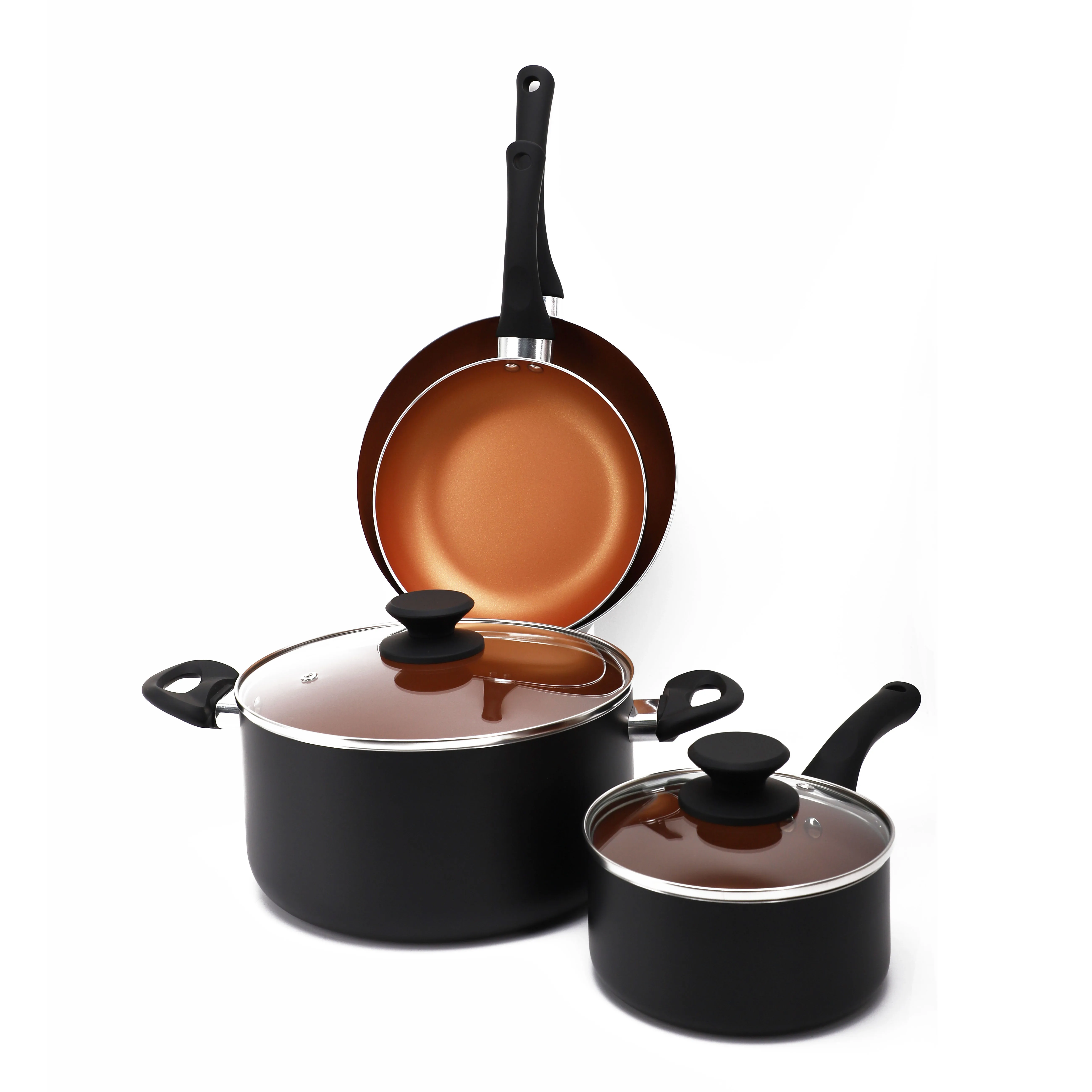 6 pieces bronze coloured non stick coating Pots and Pans Cookware  with Ergonomic Soft Touch Handle