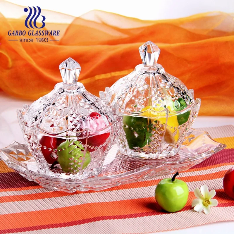 Fancy decorative diamond glass candy jar with lid sugar pot holder