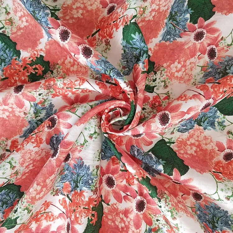 
Customizable 16mm red daisy printed silk cotton stain interwoven fabric 