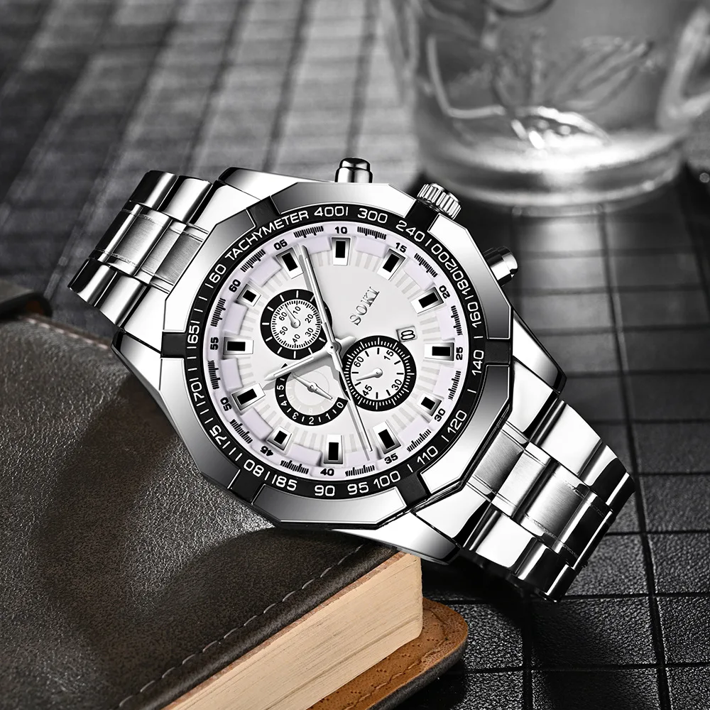 Men Business Casual Watch Fashion Mens Stainless Steel Watches Luxury Quartz Wristwatch Calendar Date Bracelet Set