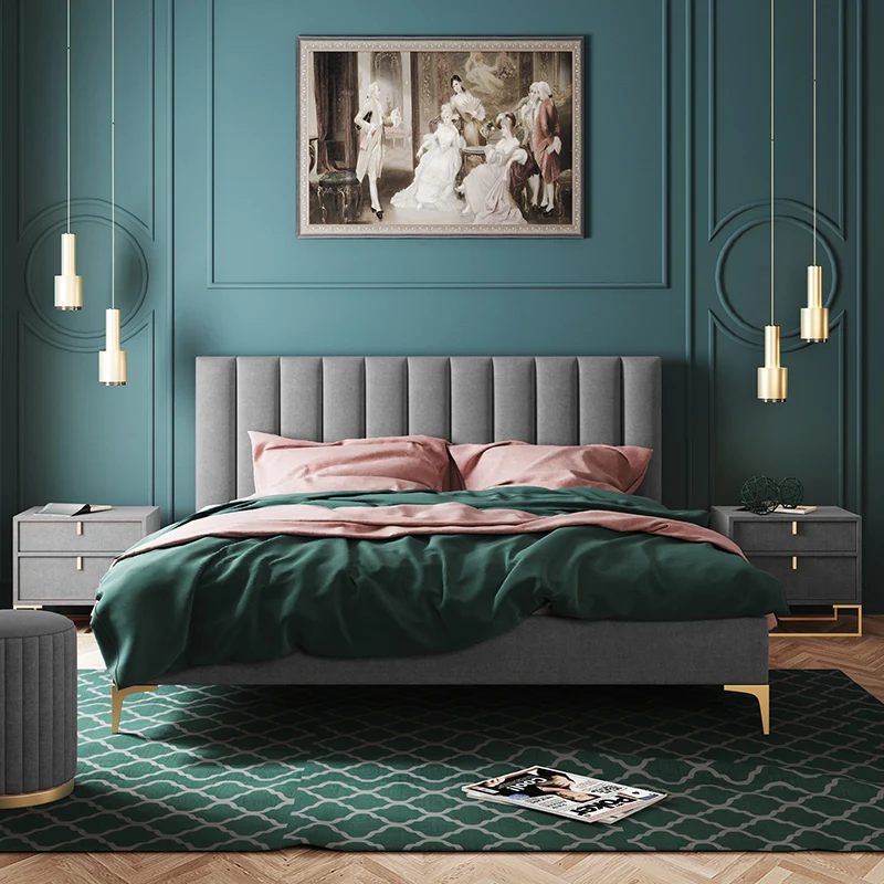 King size girls room leather double bed solid wood frame high quality bedroom furniture light luxury leather bed for master room