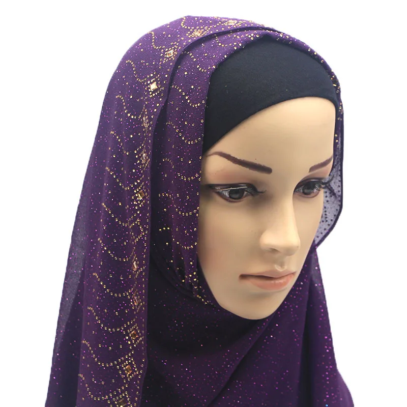 Wholesale turban pearl chiffon gold and hot diamond long scarf women gauze hijab