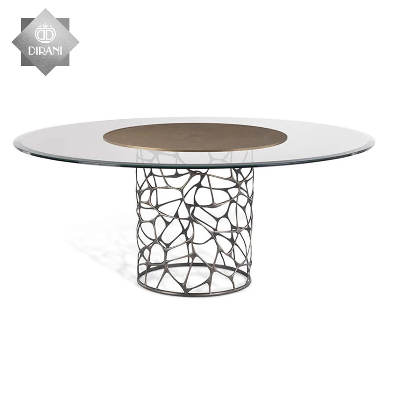 Base Round Dining Table Glass Top Dining Table Moderen Designs Stainless Steel Round Traverntine Marble New Korean Modern 1piece