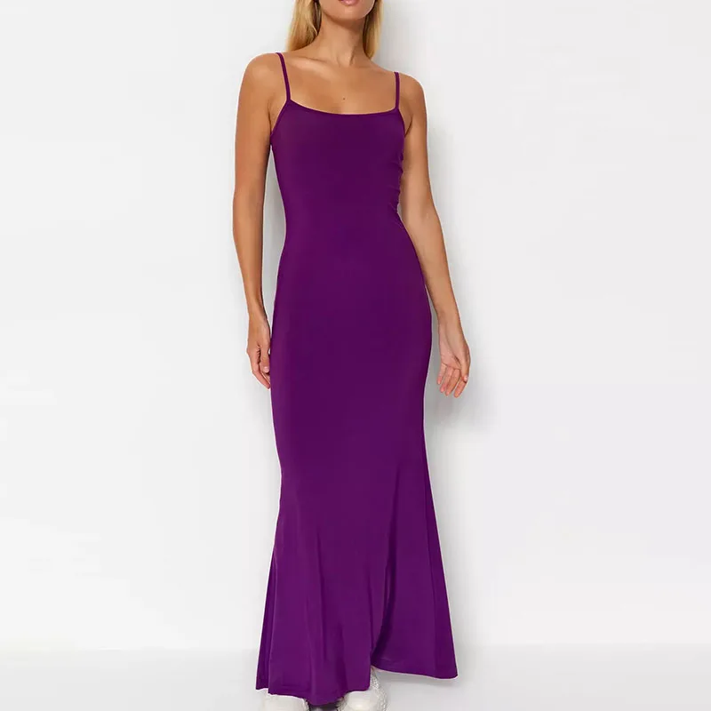 Trend Summer Casual Solid Square Neck Sleeveless Bodycon Mermaid Hem Knitted Maxi Elegant Women Dresses