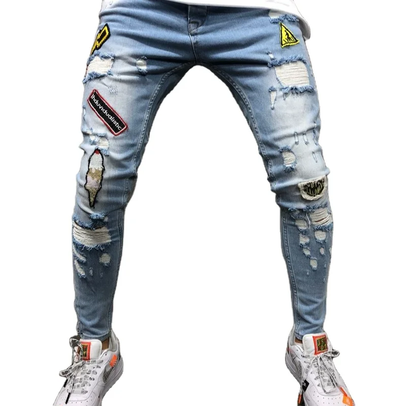 Новинка мужские потертые штаны в итальянском стиле с нашивками облегающие байкерские синие джинсы