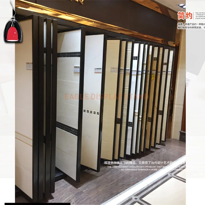 Custom book type page turning display frame ceramic tile show stand wood flooring display stands