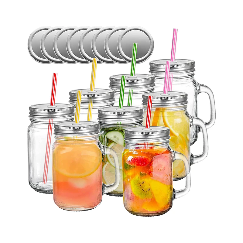 16 oz Glass Mason Jar Mugs with Handle tin lid and plastic straws for drinks cocktails juices shakes smoothies Party Daily Use