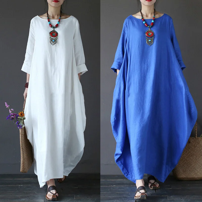 3xl 4xl 5xl Хлопок Женское Макси платье больших размеров для лета и осени свободные белье с длинными рукавами белого красного синего цветов платья в богемном