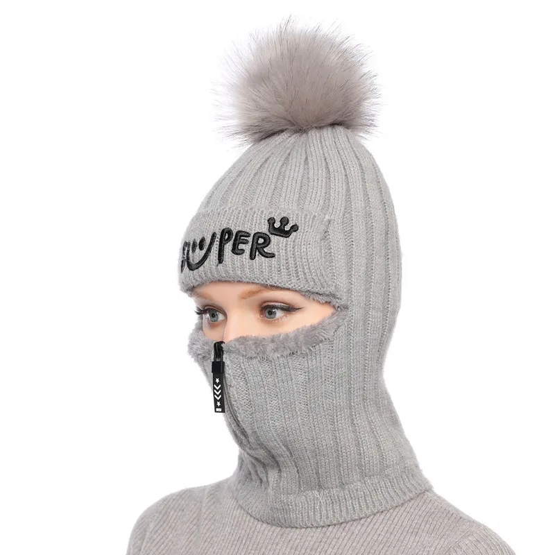 pom pom embroidery knitted motocycle pink balaclava bulk zip balaclava beanie unisex winter beanie