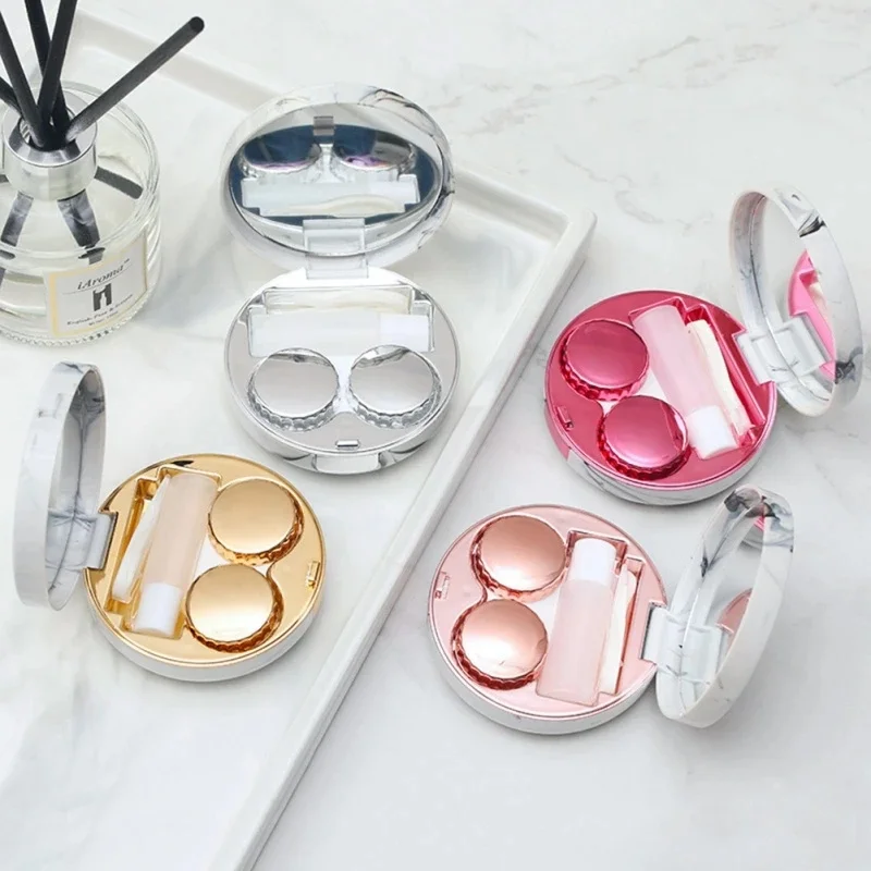 Portable Marble Pattern Surface Contact Lens Case Round Mirror Cover Travel Container Holder