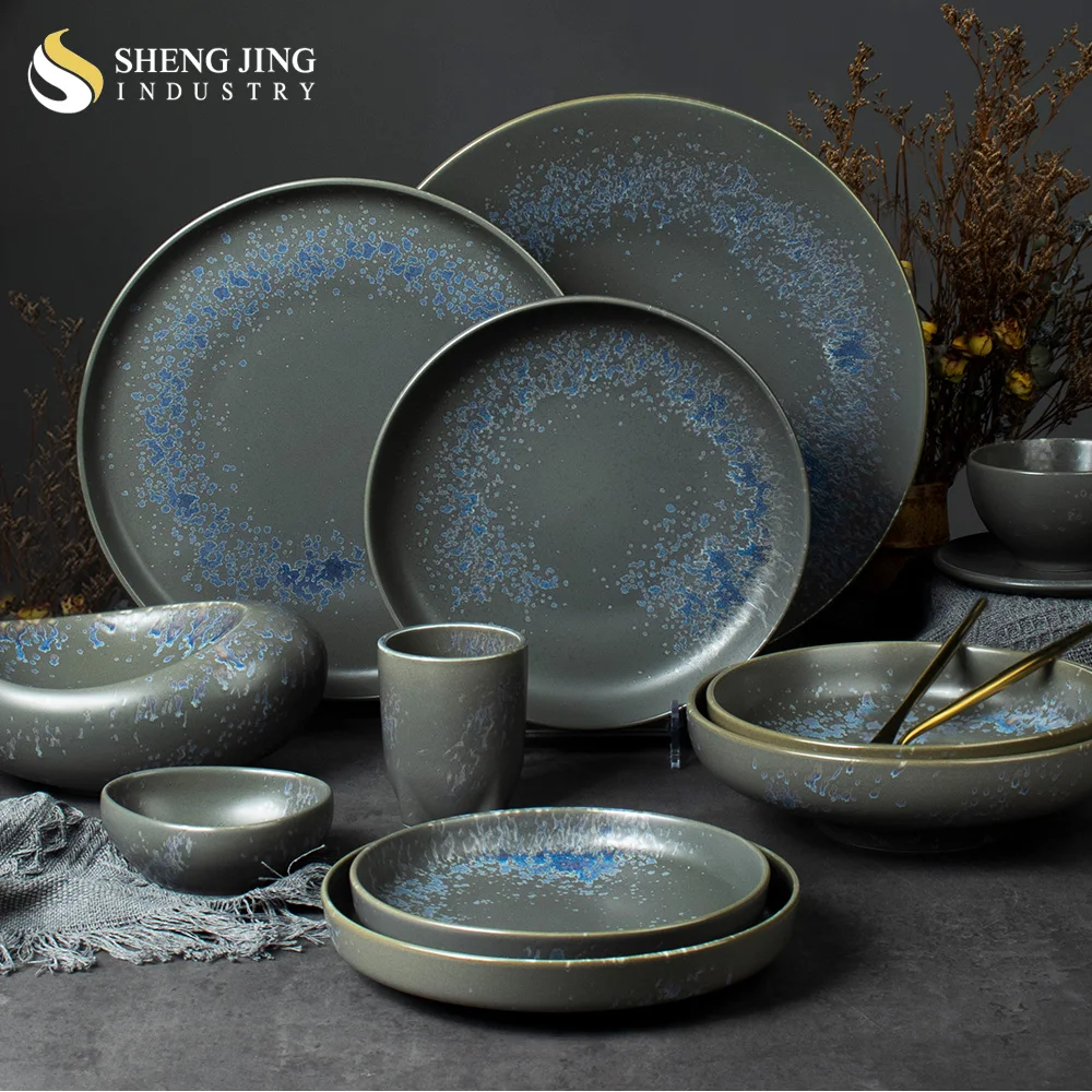 Shengjing Vintage Kiln Grey Speckled Ceramic Plate Set Dinnerware Restaurant Hotel Custom Irregular Crockery Porcelain Tableware