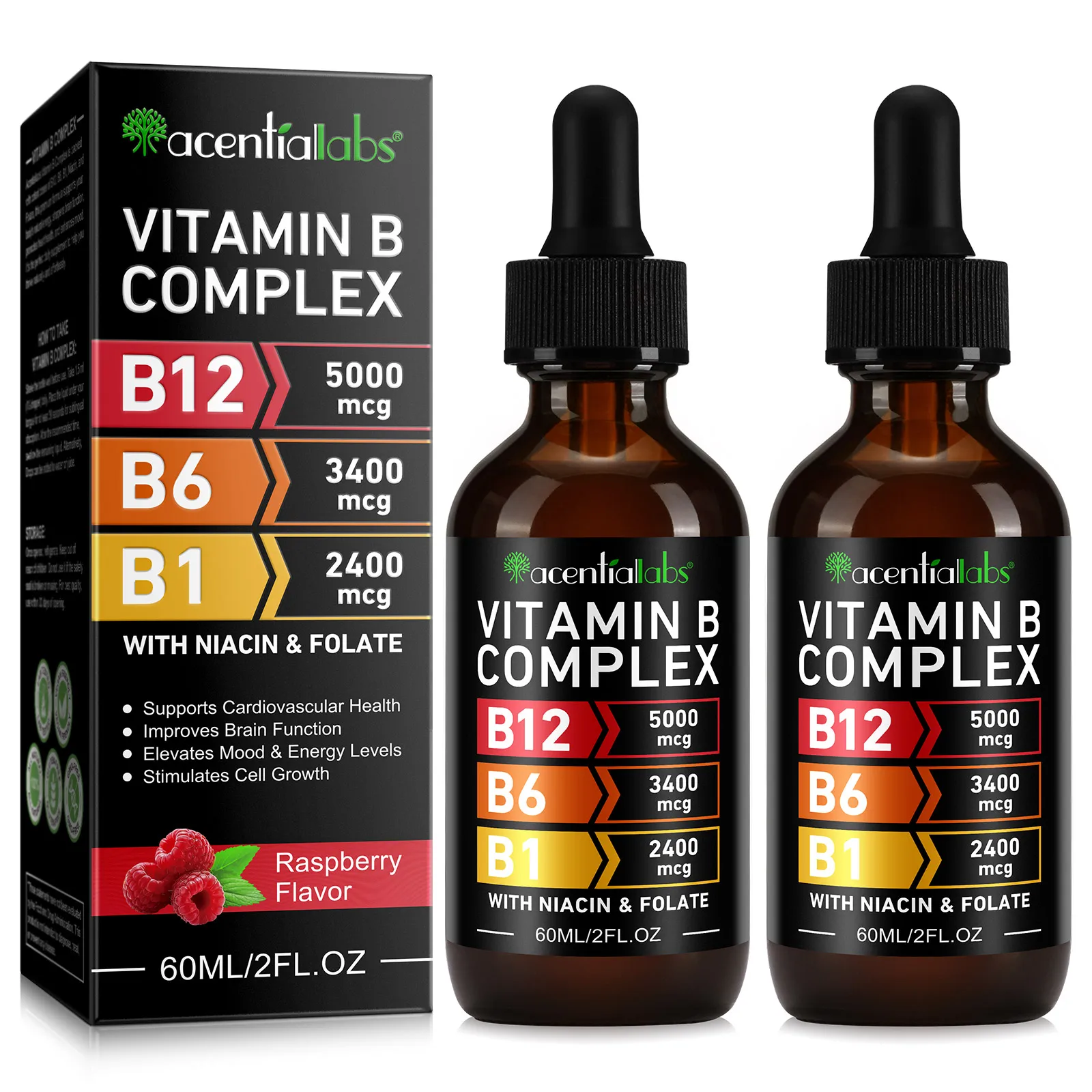 Acentiallabs raspberry flavor vitamines b12 b6 b1 niacin folate 60ml vitamin b supplements vitamin b complex liquid drops