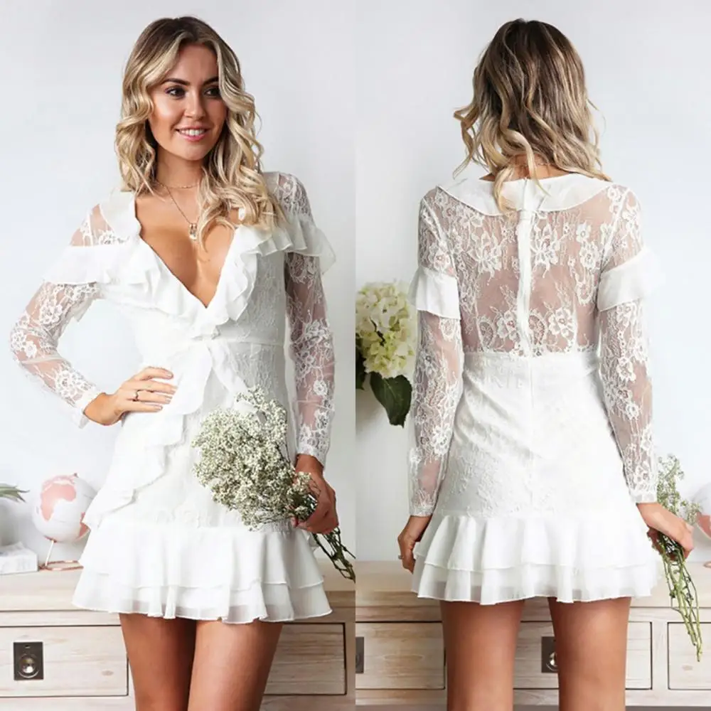 Long Sleeve Dress Lace Mini Slim Dresses with Ruffles White V-neck Embroidery Casual Dresses Summer Spaghetti Strap Pleated Full