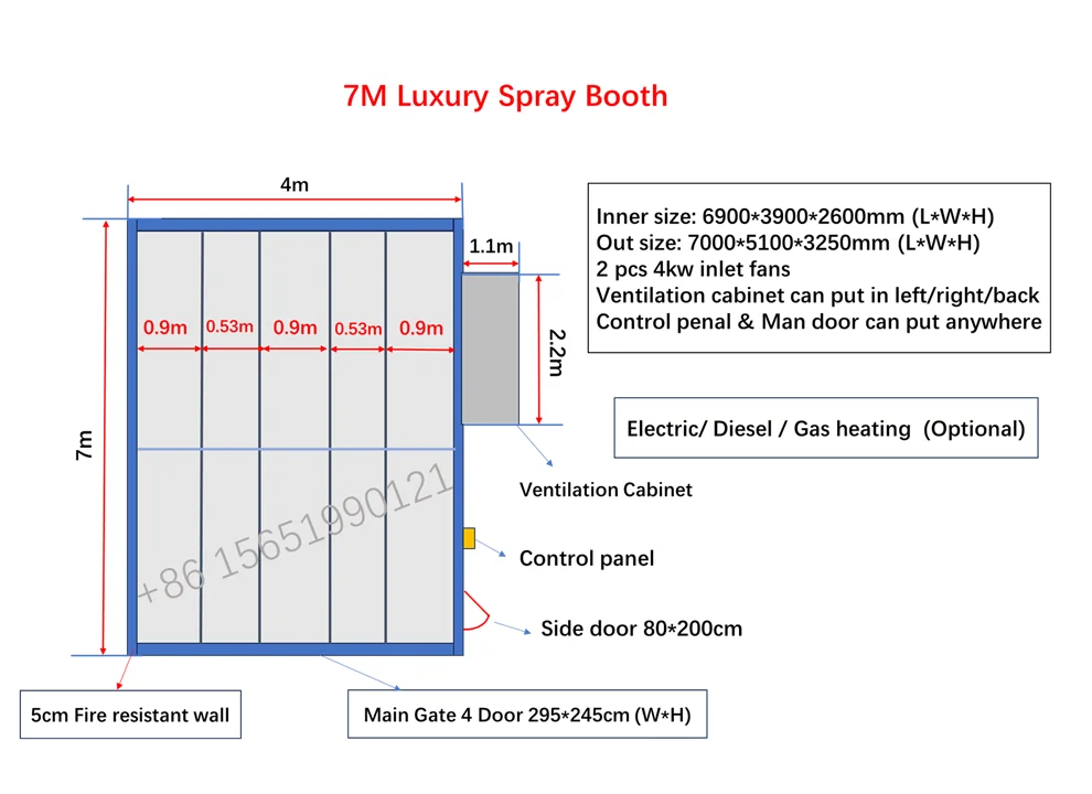 7m*4m Electric/Diesel/Gas Heating Luxury Spray Booth Auto Car Paint Booth Fully Glass Door Luxury Car Paint Room