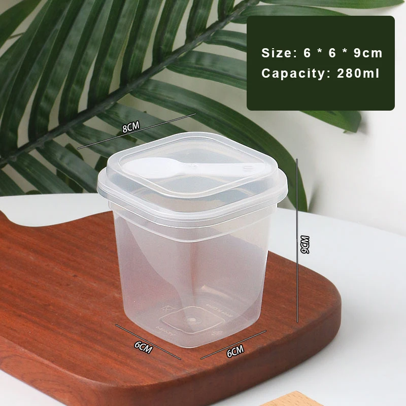New Design 9oz Disposable PP Plastic Clear Frozen Cup with Lid and Spoon Square Single Wall Yogurt Ice Cream Cupcake Container