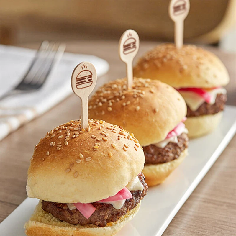 Custom Logo Food Grade Disposable Decoration Burger Toothpick Wooden Food Picks
