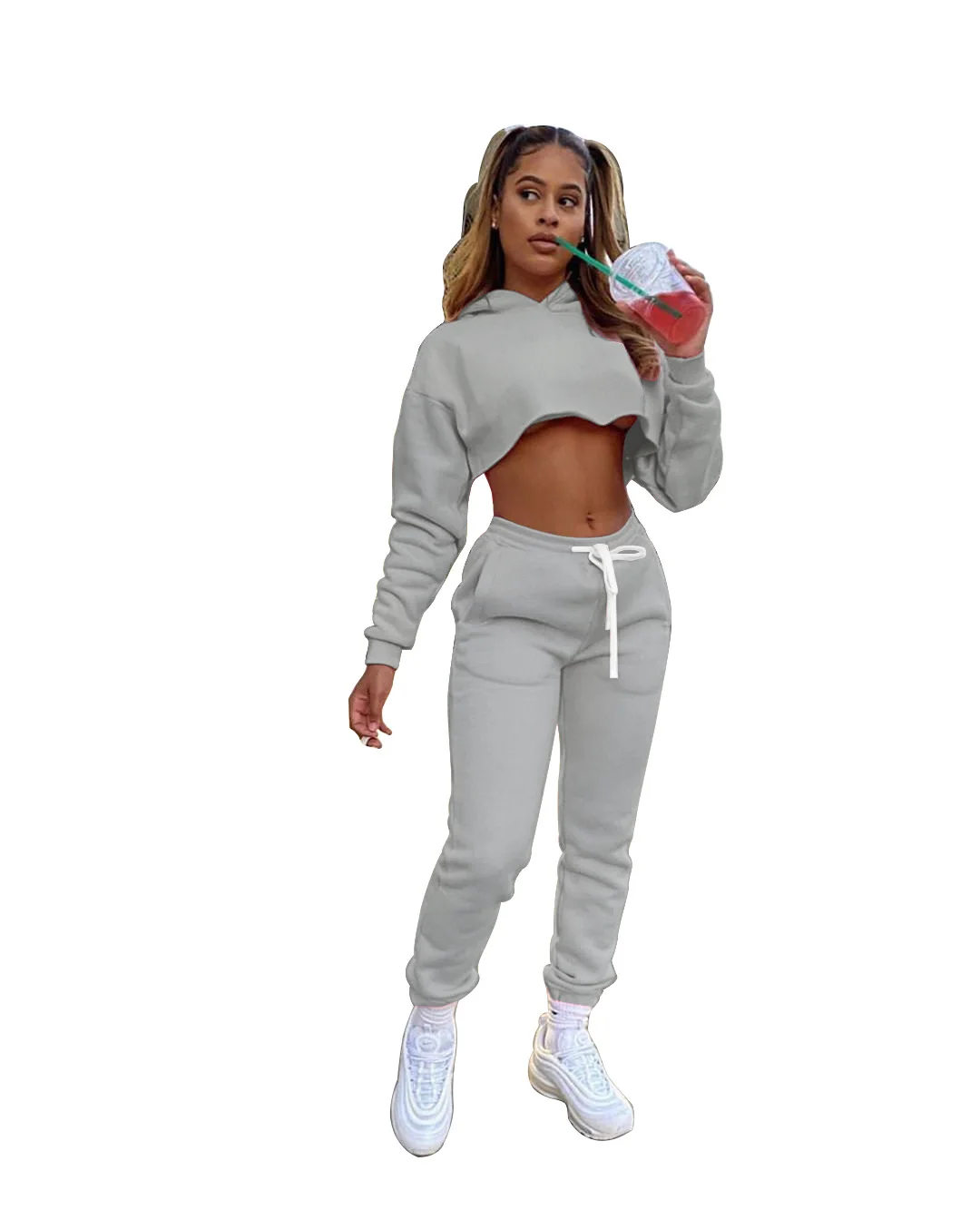 
2021 New Arrivals Fashion Plus Size Women Casual Hooded Long Sleeve Crop Waist Drawstring Pants Solid 2 Pieces Set Tracksuit 