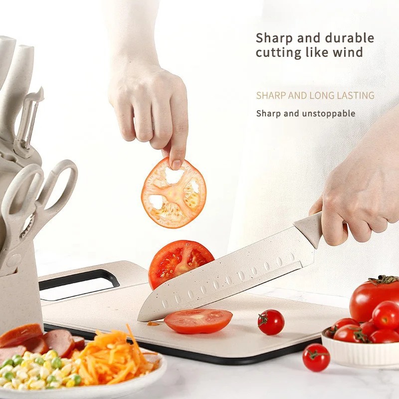 WONDERFUL 6pcs Non-Stick Coating Multi Colourful Chef Kitchen Knife Set Kitchen Meat Cleaver With Wheat Straw Handle